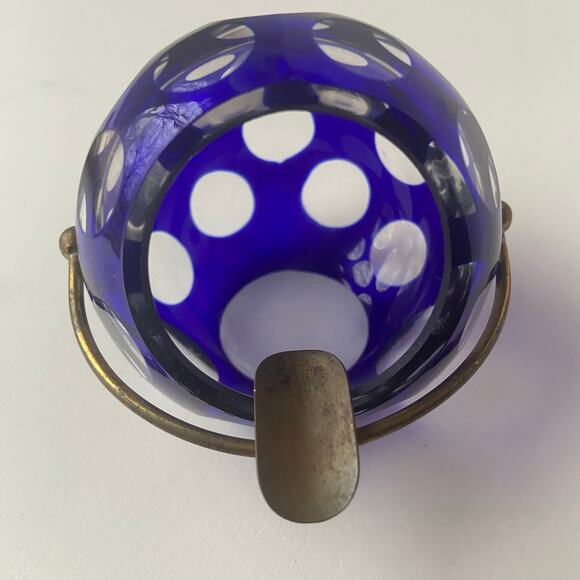 Marita Voigt For Harzkristall Ashtray Blue Art Glass & Brass Space Age MCM 1970 - Picture 1 of 7